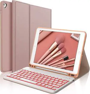 Keyboard Case for iPad 6th/5th Generation 9.7 inch, Slim Folio Smart Case with Pencil Holder for iPad Air 2, Rechargeable, Detachable Wireless Keyboard with 7 Color Backlit for iPad Pro 9.7 - Pink