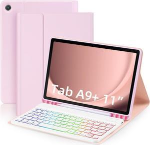 EAMPANG Case with Keyboard for Samsung Galaxy Tab A9 Plus 11 inch (SM-X210/X215/X216/X218),7 Color Rainbow Backlight Detachable USB-C Keyboard Magnetic Case with Pen Slot for Tablet A9+ 5G Pink