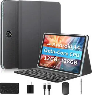 11 Inch Tablet Android 14 Tablets, 2024 Newest GMS Certified, Octa Core Tablet PC with Keyboard/Mouse/Case12GB RAM 128GB ROM 1TB Expand, 8000mAh, Fast Charging, 5GWiFi, BT5.0, FM, GPS (Black)