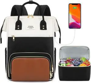 ETRONIK Lunch Backpack, 17.3 Inch Laptop Backpack with USB Port, Stylish Nurse, Teacher Work Bag with Insulated Cooler Lunch Box for Women Men/Travel, Black-Beige-Brown