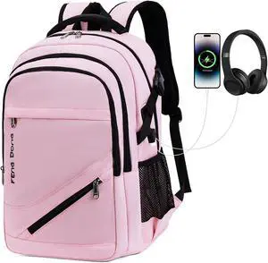 FENGDONG Large Laptop Backpack 17.3 inch Waterproof Travel College Backpack Bookbag,Crossbody Sling Bags for Men & Women Business Backpack Light Pink