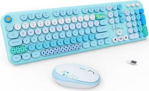 FOPETT Wireless Keyboard and Mouse Combo - 2.4G Full-Sized Cute Colorful Retro Keyboard with Round Keycaps 104 Keys Typewriter Keyboard for Laptop/Windows/PC-Blue Colorful