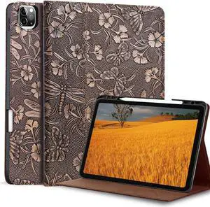 Gexmil Genuine Leather Case for iPad Pro 11 Inch (M5/M4) 2025/2024 with Pencil Holder,Protective Shockproof Leather Smart Folio Cover Adjustable Stand Auto Sleep/Wake Anti-Slip, Butterfly Grey