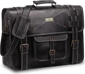 HULSH Spacious Leather Laptop Bag for Men - Everyday Briefcase Messenger Bag - Handmade - 17 inch (Black)