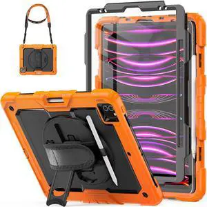 HXCASEAC Case for iPad Pro 12.9 Case 6th 5th 4th 3rd Generation with Pencil Holder/Hand Strap/Screen Protector/Wireless Charge Attachment, Heavy Duty Protective 12.9-inch 2022/2021/2020/2018 - Orange