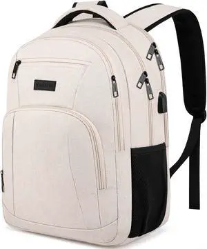 kamater School Backpack for Teens Boys,College Laptop Backpack Schoolbag with USB Port for Students,Computer Bookbag for Men and Women,Beige