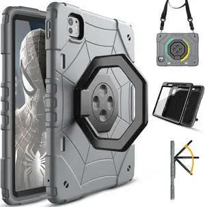 Case for 11 inch case 2024 Generation, 360°Rotate Stand iPad pro M4 Generation Case, 2 in 1 Heavy Duty Shockproof Rugged Protective Kids Cover with Screen Protector (Gray)