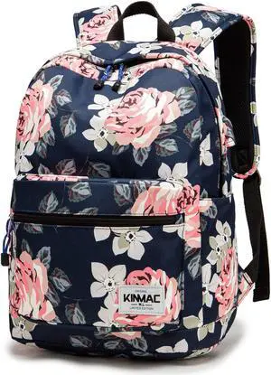 Kinmac Waterproof Laptop Travel Outdoor Backpack with USB Charging Port for 13 inch 14 inch and 15.6 inch LaptopWhite Rose
