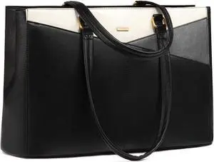 LOVEVOOK Women's Vintage Leather Work Tote, 15.6 Inch Laptop Bag - Waterproof Business Bag, Black & White & Gray