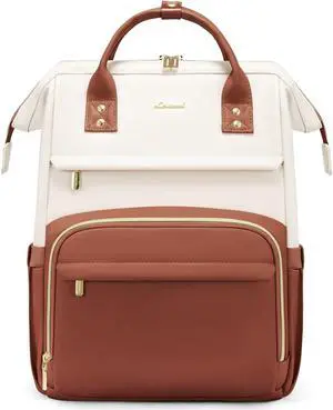 LOVEVOOK Leather Backpack for Women,17 inch Leather Laptop Backpack Women,Professional Work Backpack Nurse College Teacher Bag,Womens Laptop Tote Bag Computer Travel Backpack Purse,Beige White-Brown