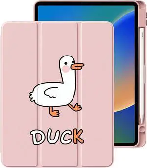 Cute Kawaii Duck for iPad 10th Generation Case 10.9 Inch 2022 with Pencil Holder, Foldable Pink Leather Cover Case, Support Auto Sleep Wake