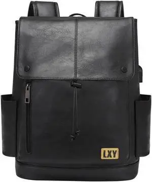 LXY Leather Laptop Backpack Women Vintage Travel Computer Backpack with USB Charging Port, Laptop Purse Book Bag for Ladies Black
