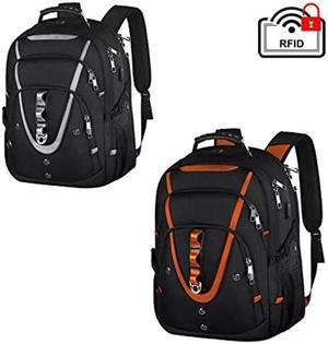 18.4 +18.4 Laptop Backpack Black + Orange For Men Women, 55L Extra Large Business Travel Laptop RFID Anti Theft TSA Friendly Backpack, Water Resistant College Heavy Duty With USB Charging Port
