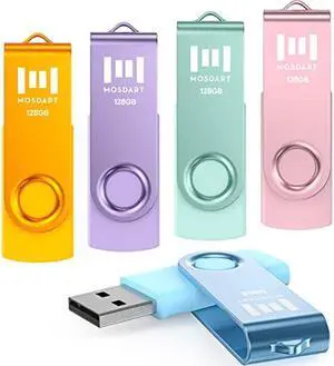 MOSDART 128GB USB Flash Drive 5 Pack, 128 GB Multicolor Multipack USB2.0 Thumb Drives, Swivel Design with LED Light, exFAT Jump Drive Memory Stick for Computers, Data Storage