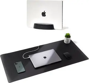 Black Leather Desk Mat and Black Vertical Laptop Stand - Black Monochrome Work from Home Laptop Set
