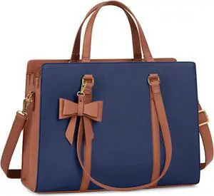 Laptop Bag for Women 15.6 inch Laptop Tote Bag Waterproof Leather Computer Bag Large Lightweight Briefcase Professional Business Office Work Bag, Blue Brown