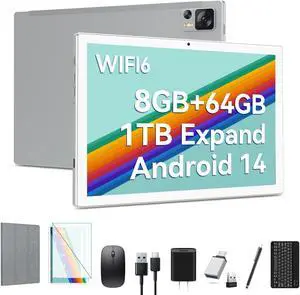 Qukenk 2025 Latest Android 14 Tablet WIFI6 Large Storage 8GB RAM (4+4 Virtual) + 64GB ROM+512GB, Octa-Core 2 in 1 Tablet with Keyboard, 7000mAh Tablets 10.1 Inch Screen, Bluetooth/Case/Mouse