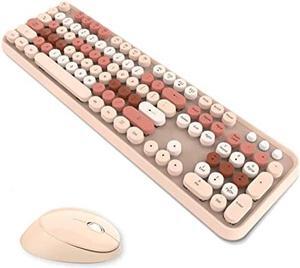 Wireless Keyboard and Mouse Combo, Ergonomic Full Size Typewriter Retro Round Keycaps Keyboard, Compatible with Windows, PC, Perfer for Home and Office Keyboards (Chocolate Color)