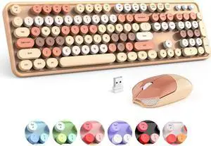 MOFII Wireless Keyboard and Mouse Combo, Milk Tea Colorful Round Key Typewriter Keyboards, 2.4G Full Size Keyboard and Cute Wireless Mice, USB Receiver Plug and Play, for Laptop, PC, Windows