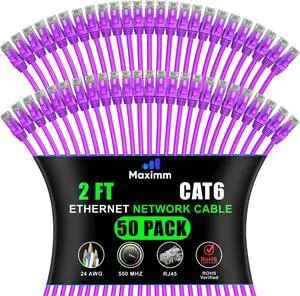 Maximm Cat 6 Ethernet Cable 2 Ft, (50-Pack) Cat6 Cable, LAN Internet and Network - UTP (Purple) 2 Feet