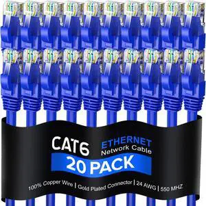 Maximm Cat 6 Ethernet Cable 3 Ft, 100% Pure Copper, Cat6 Cable (20 Pack) LAN Cable, Internet Cable, Patch Cable and Network Cable - UTP (Blue) 3 Feet