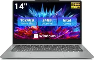 jumper Laptop, 24GB LPDDR4X RAM, 1024GB NVMe SSD, 3.6GHz Core i5 CPU, 14 Inch FHD IPS Display, Laptops Computer with 4 Stereo Speakers, 51300mWH, USB3.0 * 3, Portable, Metal.