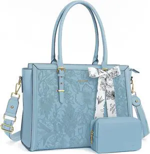 MOSISO Laptop Bag for Women, 17-17.3 inch PU Leather Tote Bag Compatible with MacBook, HP, Dell, Asus Notebook, Front Embossed Retro Hibiscus Computer Bags with Silk Scarf&Clutch Purse, Air Blue
