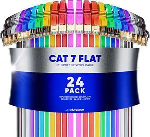 Maximm Cable CAT7 Flat Ethernet Cable, 24 Pack (Multicolor, 10ft) 10 Gbps, 600 MHz, Shielded RJ45 Gold Connectors Ultra-Thin Flexible Design for Home & Office Networking