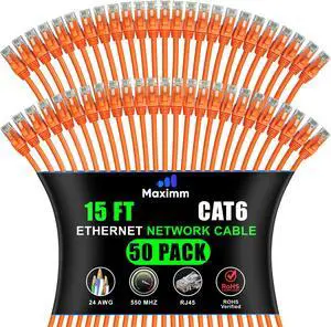 Maximm Cat 6 Ethernet Cable 15 Ft, (50-Pack) Cat6 Cable, LAN Internet and Network - UTP (Orange) 15 Feet