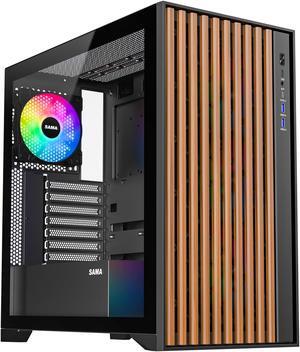 SAMA ATX PC Case,Tempered Glass Mid Tower Case,Genuine Walnut Wood Front,4 x 120mm ARGB PWM Pre-Installed,Type C USB,PC Gaming Case,Black(V-Nature)