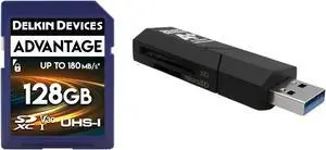 Delkin Devices 128GB Advantage SDXC Memory Card UHS-I, Up to 100MB/s Write, 180MB/s Read + 3.1 USB SD Card and microSD Reader, 2-in-1 Dual Slot