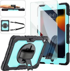 iPad 9th/8th/7th Generation Case, iPad 10.2 Case 2021/2020/2019, [Kid Proof] Ambison Drop Proof Case with 9H Screen Protector, Rotatable Kickstand & Hand Strap, Shoulder Strap (Sky Blue & Black)