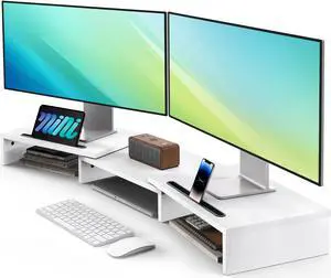 AMERIERGO Dual Monitor Stand Riser- 3 Shelf Screen Stand with Adjustable Length and Angle, 2 Extra Functional Slot Desktop Organizer Stand for PC, Computer, Laptop (White)