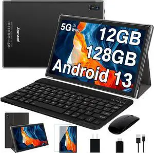 2025 Android Tablet with Keyboard 12GB RAM 128GB ROM 1TB Expand, Octa-Core, 8000mAh 10 Inch Android 13 Tablets with 5G+2.4G WiFi, HD IPS Touchscreen, Case, Mouse, GPS, Split Screen, Metal Body -Black