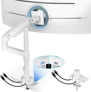 ARES WING Ultrawide Monitor Mount with USB A/C, Ultrawide Monitor Arm with Extended Column for 17 to 49 inch Heavy Duty Monitor, Holds 44 lbs, Adjustable Gas Spring Monitor Arm Desk Mount, White