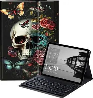 BEOTIWAD Keyboard Case for Samsung Galaxy Tab A8 10.5 Inch 2022 Model (SM-X200/X205/X207), Slim Protective Cover with Detachable Bluetooth Keyboard for Samsung Tab A8 2022,Butterfly Skull Flower