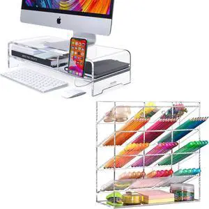 BEYGORM Acrylic Monitor Stand Riser, Acrylic Vertical Marker Pen Holders Organizer