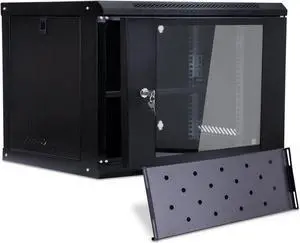Server Rack Cabinet 6U Wall Mount Rack Network Cabinet 19 in IT Network Rack & A/V Equipment Shelf with Glass Door Locks & Removable Side Panels Cooling Fan Wall Mount Network Rack (Black)