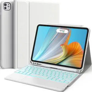 CHESONA for iPad Pro 11 Inch Case with Keyboard (M4) 2024, Magnetic Detachable Keyboard with Backlit, 2 Wireless Channels, Touchpad & Pencil Holder, Precise Cutouts Case for iPad Pro 11'', White