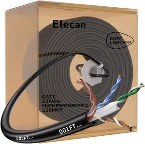 Elecan Bulk Cat 6 Ethernet Cable 500 Ft Black, Easy Pull Box, Solid 23AWG Oxygen Free Copper, 10Gbps 550Mhz, POE,Soft Flexible Smooth Tangle-Free UTP Internet Network LAN Cable-Running FT Count-CMR