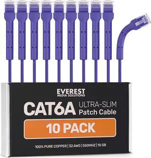 Everest Ultra Slim Cat6a Ethernet Patch Cables 15ft (10-Pack) Purple - 10GB Cat 6a Patch Cable - Bendable, Flexible & Thin Ethernet Cable - Space Saving 32AWG 550MHZ Cat6a Cables - 100% Copper Wires