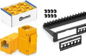 Everest Media Solutions Bundle  2 Items: 24-Port Keystone Patch Panel + 24 Pack of RJ45 CAT6 Keystone Couplers - Yellow