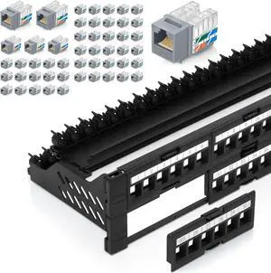 Everest Media Solutions Bundle  2 Items: 48-Port Keystone Patch Panel + 50 Pack of RJ45 CAT6 Keystone Jacks - Grey