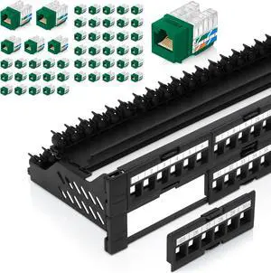 Everest Media Solutions Bundle  2 Items: 48-Port Keystone Patch Panel + 50 Pack of RJ45 CAT6 Keystone Jacks - Green
