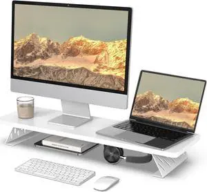 Fenge Monitor Stand Riser, 32 Inch Desk Top Shelf for 2 Monitors, Computer Stands for Desk, Wood & Steel Desktop Riser for Laptop, PC, Printer