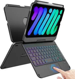 FUWANG Touchpad Keyboard Case for iPad mini 7 A17 Pro 2024 & Mini 6th Generation 2021 8.3 inch - 360° Rotate 7 Color Backlit Keyboard for iPad mini 7th 6th Generation with Pencil Holder, Black