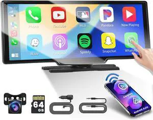 Hikity Portable Wireless Carplay roid Auto 10.26'' Car Play Screen for Car 1080p Backup Camera Dash Mount Support Airplay roid Cast Bluetooth Navigation FM Transmitter 64G TF Card