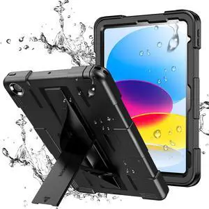 Hualele for iPad 10th Generation Case 10.9 inch Waterproof,Full Body Rugged Shockproof Dustproof Protective with Built-in Screen Protector,Elastic Hand Strap & Invisible Kickstand,Black