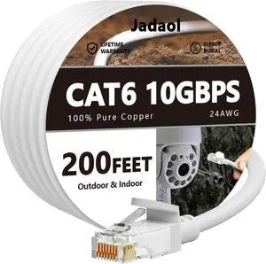 Cat 6 Outdoor Ethernet Cable 200 ft (60.96m), Support Cat8/7 Network, 10Gbps 550MHz, 24AWG Pure Copper, Direct Burial Waterproof In-Ground UV Resistant LAN Patch Cable for Router, Modem, Switch, White