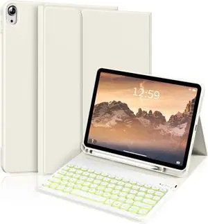 kenke for iPad 11/10th Gen Case with Keyboard 11/10.9 inch 2025 A16/2022, Detachable Wireless Bluetooth Keyboard Case with Left Side Pencil Holder, Backlit White Circular Keycaps (Cream)